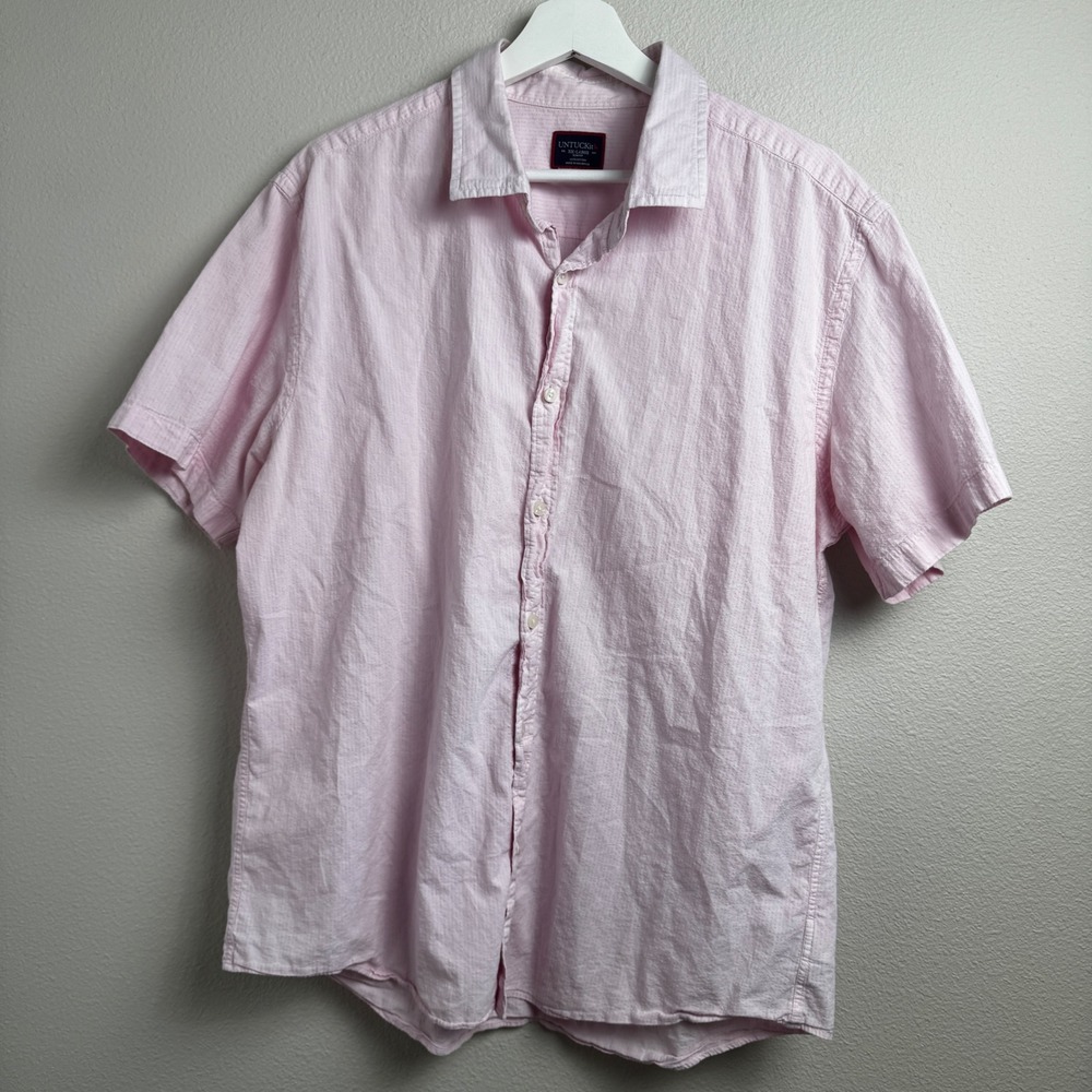 UNTUCKit Seersucker Short Sleeve Shirt XXL Slim Fit Pink Striped Button Down